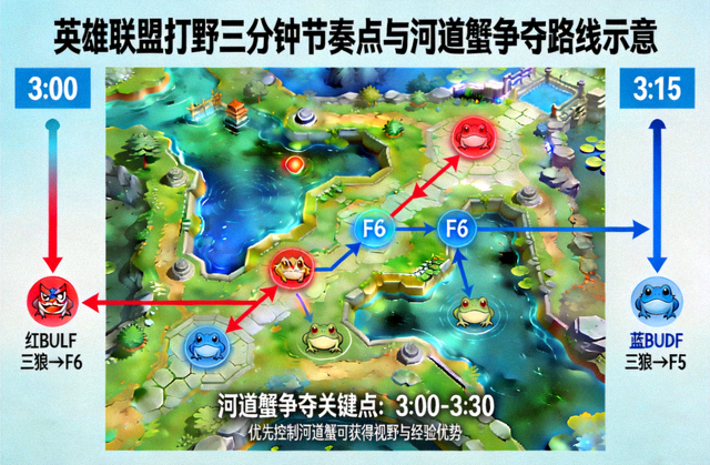 英雄联盟打野三分钟节奏点与河道蟹争夺路线示意